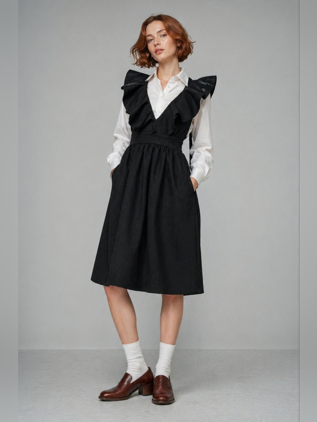 Mae 100% Wool Pinafore Dress,Ruffle Deep V-Neck,Open Back,Size 6,Two Pockets